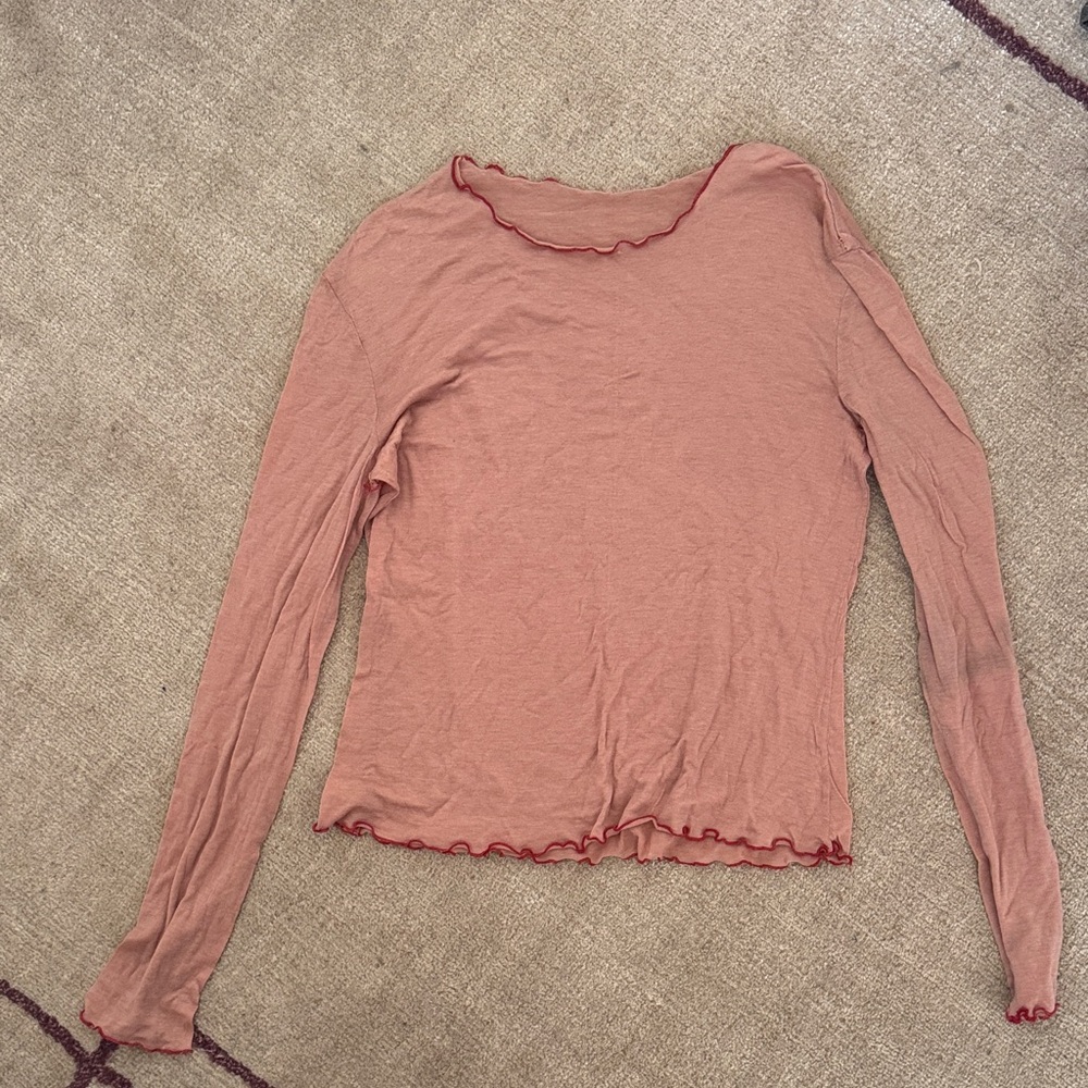 Pink Long Sleeve Ruffle Serged Hem Top